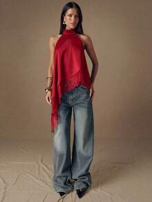 SHEIN BAE 优雅蕾丝拼接露背吊带背心，性感缎面无袖上衣，适合派对、鸡尾酒会、正式场合、圣诞节、商务休闲等场合。 - 紅色 - 查看 3