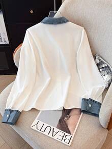 SHEIN PETITE Women's Casual Denim Effect Print Long Sleeve Shirt - White - View 2