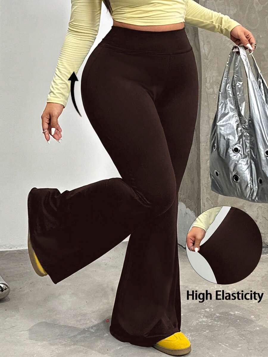 SHEIN EZwear 大码巧克力棕色喇叭裤,休闲百搭,适合秋冬季穿着 - 巧克力棕 - 查看 1