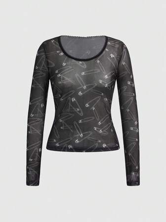 Grunge Punk Top court ajusté en maille transparente avec imprimé de rivets, style Punk Y2K pour femmes