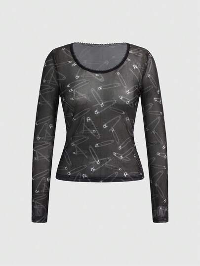 Grunge Punk Top corto aderente in rete trasparente con stampa punk a rivetti, stile Y2K, per donna