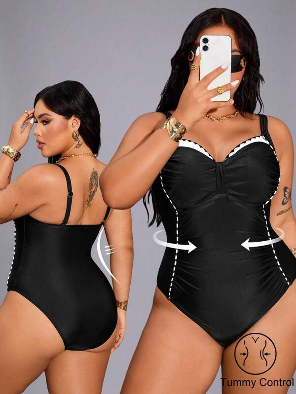 Shapewave New Summer Beach Vacation Black & White Elegant Plus Size One-Piece Swimsuit, Slimming
