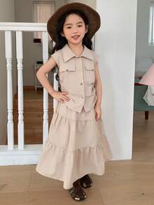DAZY 2pcs Young Girls Solid Color Pleated Collar Sleeveless Shirt And Skirt Set - Khaki - View 5