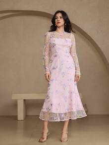 DAZY Abito midi elegante con maniche lunghe e dettagli in pizzo, adatto per matrimoni, feste e occasioni formali - Rosa - Visualizzare 7