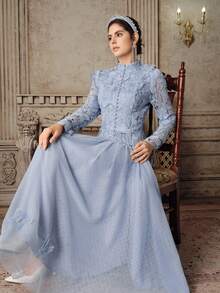 Anewsta 女士优雅高端蕾丝长袖贴花腰部喇叭形长连衣裙，适合情人节晚宴和约会 - 藍色 - 查看 2