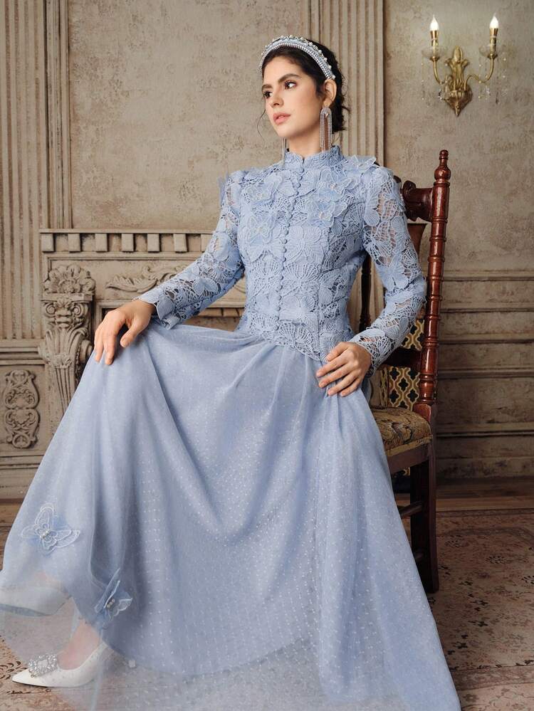 Anewsta 女士优雅高端蕾丝长袖贴花腰部喇叭形长连衣裙，适合情人节晚宴和约会 - 藍色 - 查看 2