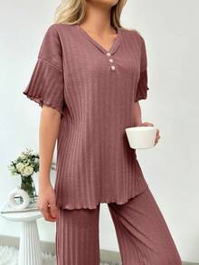 RueChic 2Pcs/Women's Button Details And Lettuce Trim Detail Homewear Lounge Set - Dusty Pink - View 3