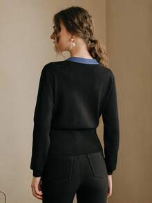 Anewsta Women's Elegant Long Sleeve Denim Knit Cardigan - Black - View 2