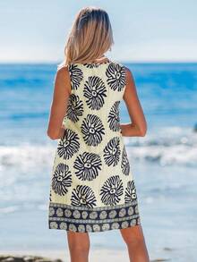 Sylviya U领女士休闲度假连衣裙，金属环装饰，A字下摆，花卉印花，无袖，夏季女士连衣裙，度假装 - 藍色 - 查看 2