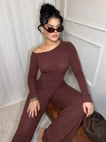 Dayanna Comas Women's Casual Asymmetrical Shoulder Fuzzy T-Shirt + Wide Leg Low Waist Pants 2 Pieces Set, Winter Fall Cloth For Women - Brown - View 6