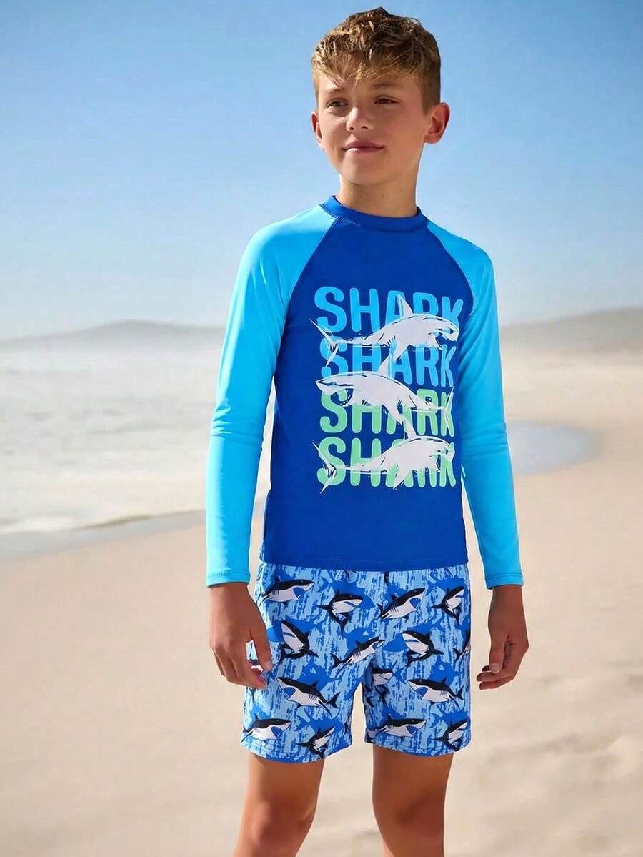 8-12 Years Old Boys' Shark Print Long Sleeve Swimsuit, Student Swimming Suit, Beach Vacation Surfing Stylish Ocean Theme Swimwear Set - Multicolor - View 1