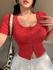 DAZY Women's Round Neck Single-Breasted Short Sleeve Fitted Fashionable Knit Cardigan - Red - View 5