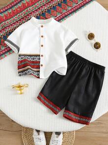 SHEIN 2pcs/Set Toddler Baby Boy Traditional Pattern Color Block Polo Shirt&Shorts,Casual Boho Birthday Outfit,Black And White,Summer Festivals Celebration - White - View 3