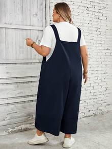 SHEIN CURVE+ Overall Hitam Wanita Ukuran Besar dengan Tali Bahu yang Dapat Diatur, Penutup Kancing, dan Saku di Bagian Kaki yang Terbelah untuk Musim Semi - Navy Blue - View 2