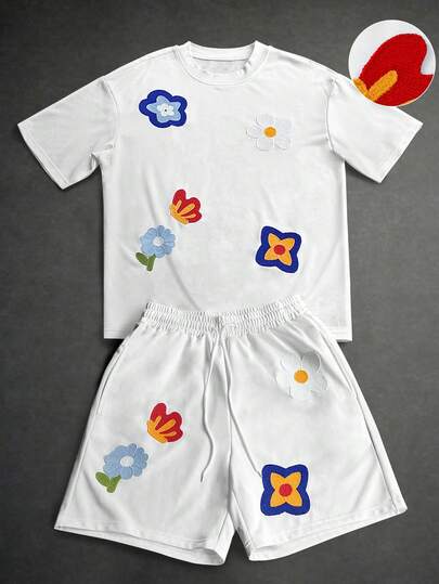 PAVTROS Men's Embroidered Crew Neck Short Sleeve T-Shirt And Drawstring Waist Shorts Set