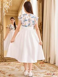 SHEIN Tween Girls' Elegant White V-Neck Short Sleeve Dress,White And Blue Floral Summer Wedding Guest Girl Vintage Midi Dress Puff Sleeves Spring Dress - White - View 7
