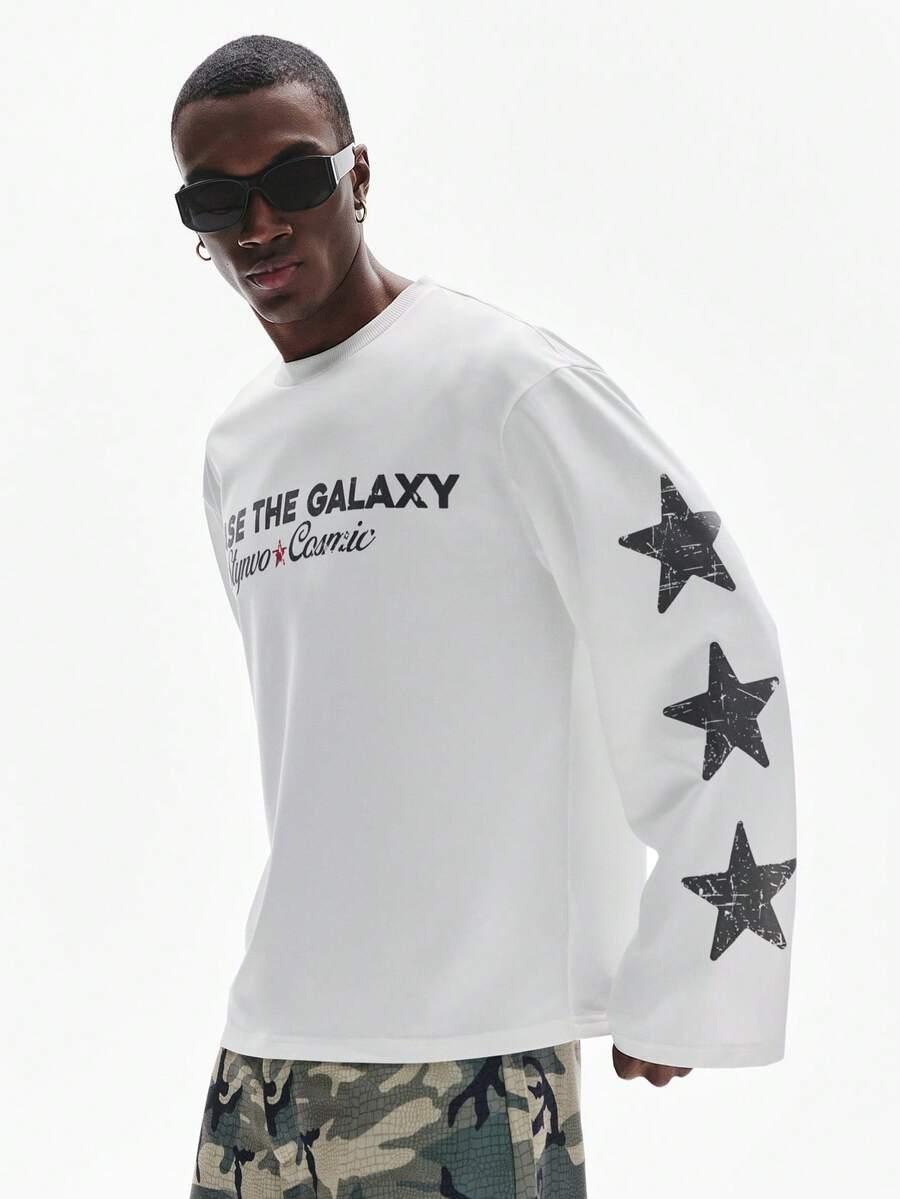 STYNVO 男士星形字母印花圆领休闲长袖T恤