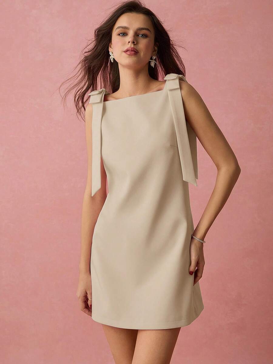 Enchnt Đầm ngắn nữ màu trơn cổ vuông không tay thiết kế tối giản - Màu Khaki - Xem 1
