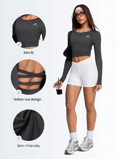 Eassivo Eassivo 女士露背镂空运动上衣，修身显瘦，适合健身、骑行、训练、瑜伽等场合，长袖