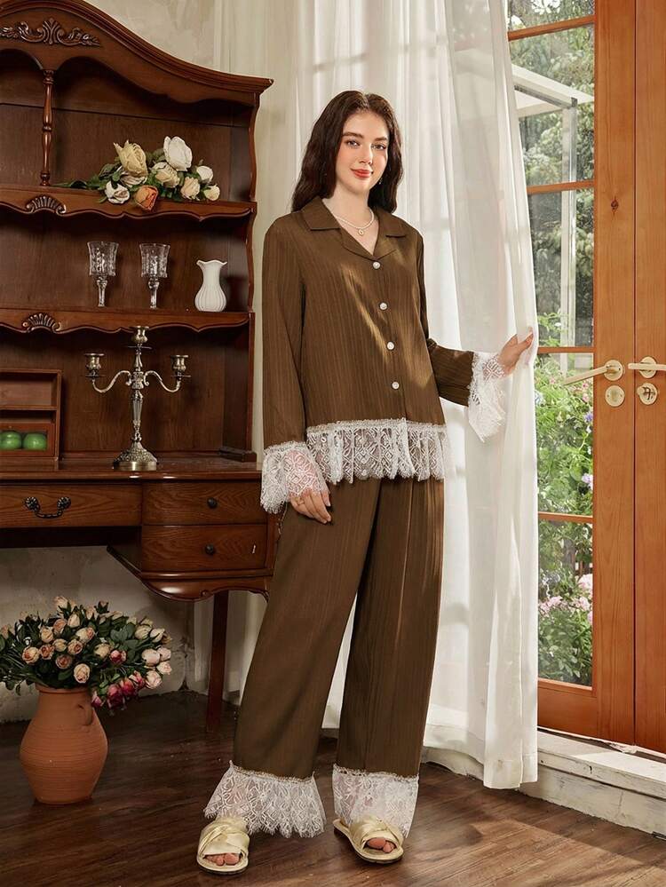 Elegant French Romantic Lace Patchwork Women Pajama Set - Rust Brown - View 4