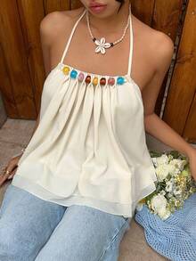 MainGRL Top halter de doble capa con decoración de cuentas, color amarillo vibrante, ideal para vacaciones casuales, verano, primavera y playa para mujeres, top casual para salir, vacaciones para mujeres - Amarillo claro - Ver 4