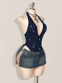 SHEIN ICON Áo liền thân nữ cổ chữ V xẻ cao, đính đá lấp lánh, kiểu yếm, hở lưng. - Màu xanh hải quân - Xem 6