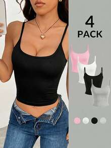 SHEIN PETITE 4pcs/Set Casual Spaghetti Strap Fitted Women's Tank Tops - Multicolor - View 4