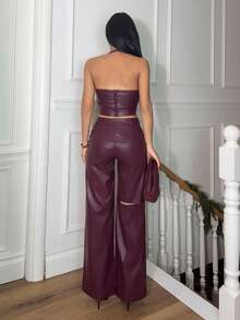 Ronhire ICON Y2K Clothes Women Women Solid Color Halter Top And Casual Burgundy Red Long Pants Set Party Winter New Year Sexy - Burgundy - View 2