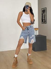 SHEIN PETITE 春夏女式派对 Y2K 度假休闲口袋水钻装饰做旧牛仔短裤 - 淺色水洗藍 - 查看 5