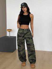 SHEIN PETITE PETITE 夏季和冬季女士街头风 Y2K 派对休闲外出时尚迷彩印花低腰工装牛仔裤 - 中等水洗藍 - 查看 4