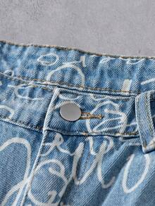 Manfinity Denimwave Quần jeans nam ống rộng dáng suông màu xanh nhạt in chữ, quần jeans họa tiết đường phố dành cho nam, quần nghệ thuật nam. - Rửa nhẹ - Xem 5