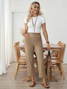 Louniche 女士简约竹纤维棉质休闲裤，适合居家、外出及日常百搭穿着，早春款 - 卡其色 - 查看 4