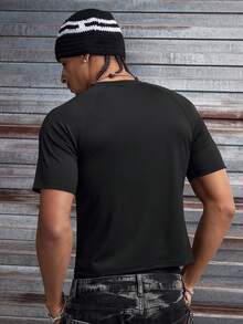 AXEPEAK Men's Numeric Print Round Neck Raglan Short Sleeve Casual Versatile T-Shirt - Black - View 2