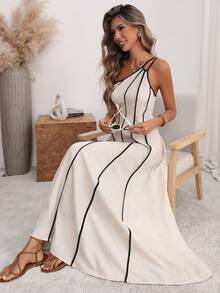 Wandoria 女士纯色亚麻抽绳吊带连衣裙，可调节双肩带，A字裙摆，无袖，可调节腰围，露背，中长款，优雅法式复古浪漫简约风格，适合办公室、通勤、商务、休闲、海滩、度假、春夏等场合。 - 杏色 - 查看 6