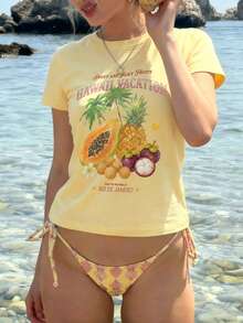 Sundraya 夏威夷度假水果印花短袖露脐T恤，浅黄色休闲海岛风 - 黃色 - 查看 4