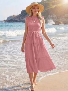 Sylviya Vestido con cinturón de lunares bajo con fruncido - Rosa vieja - Ver 3