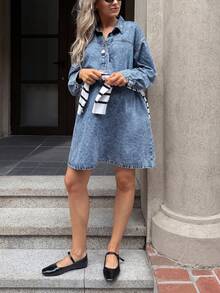 SHEIN Đầm denim bầu tay dài dáng rộng, cài cúc nửa thân, vai rớt, kiểu dáng thường ngày, thích hợp cho mùa xuân hè, ngày lễ tình nhân, lễ hội, đi làm, nghỉ mát, tốt nghiệp, phong cách Y2K, dễ thương, thời trang đường phố, dự tiệc, đám cưới, thanh lịch, công sở, thường ngày, phong cách nữ tính, đầm denim mini màu xanh nhạt dáng rộng, tay dài, cổ bẻ, cài cúc nửa thân. - Màu xanh lam - Xem 5