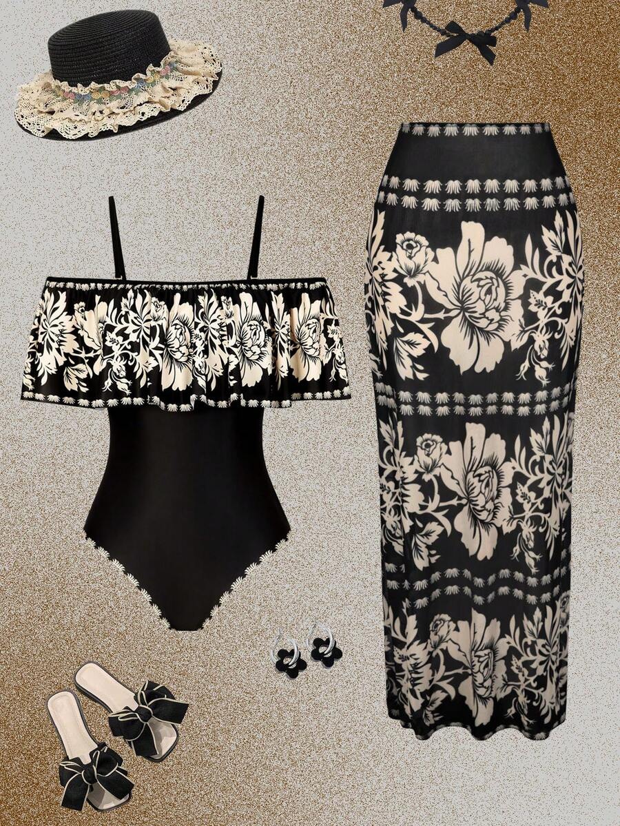 Swim Oasis 2pcs/Set Summer Fashion 3D Print Design High-End Bestselling Ruffled One-Piece Swimsuit With Beach Cover-Up Dress - Multicolor - View 1