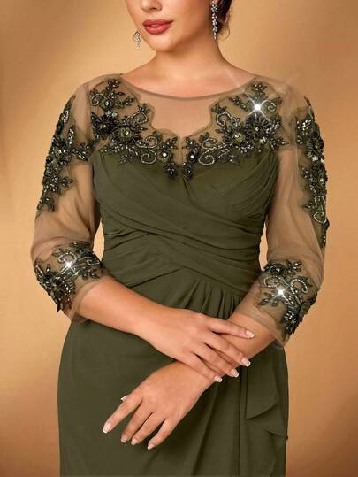 Serin Plus Size Women's Elegant Gray-Pink Chiffon Fabric Round Neck Sheer Long Sleeve Ruched Sequin Applique Decor Mermaid Hem Dress, Suitable For Mother Of The Bride/Groom Weddings, Formal Events, Parties