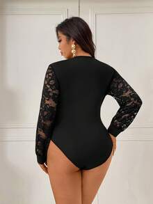 Femmeverse Plus Size Women's Fashionable Sexy Lace Patchwork, Ruffle Trim, V-Neck Solid Color Bodysuit - Black - View 3
