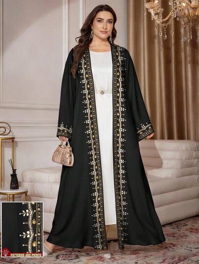 SHEIN Najma Chaqueta larga tipo abaya de talla grande para mujer con estampado floral y de perlas falsas de manga larga, de uso casual, para primavera/otoño