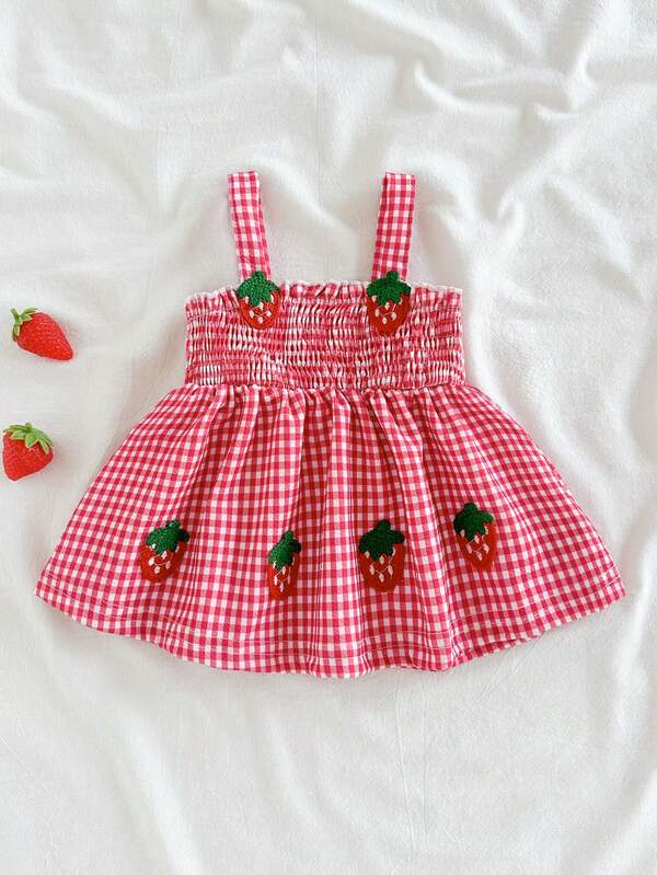 SHEIN Vintaside Kids Newborn Baby Girl Dress, Cute Resort Style Blue Plaid Floral Embroidery Cami Dress Design, Suitable For Spring/Summer Outings, Parties, Photoshoots, School, 1-9M