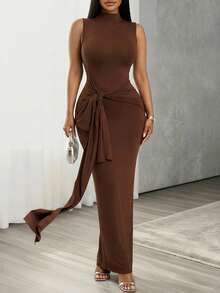 VaVaBold Women's Mock Neck Tie Front Dress, Sexy & Elegant - Brown - View 3