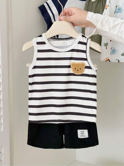 SHEIN Baby Boy Summer Striped Printed Round-Neck Three-Dimensional Bear Ornaments Tank Top Paired With Black Shorts Two-Pieces Set.Suitable For Daily School, Participating In Parent-Child Activities, Outdoor Adventures, And Home Comfort. Happy Party Time.