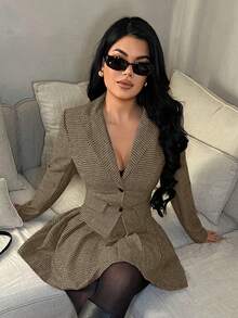 SHEIN SXY 女士时尚格子西装外套和百褶裙套装，通勤装 - 彩色 - 查看 3