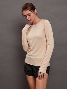 Activina Áo thun nữ thể thao thường ngày, màu trơn, tối giản, cổ tròn, tay dài - Màu vàng - Xem 4