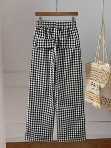 SHEIN Elenzya Women's Casual Pants, Classic Plaid, Elastic Waist, Loose Wide Leg, Suitable For Home, Leisure, And Commuting - Black and White - View 2