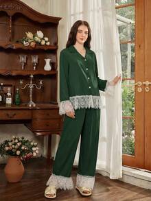 Elegant French Romantic Lace Patchwork Women Pajama Set - Dark Green - View 4