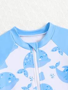 SHEIN 1 pieza Traje de baño de una pieza con manga larga y estampado de tiburón para niñas, diseño lindo, protección solar, verano - Celeste - Ver 4