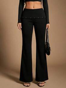 Radiana 女士性感休闲黑色高弹力罗纹针织喇叭裤，低腰可折叠腰带喇叭裤腿，简约休闲百搭下装 - 黑色 - 查看 2